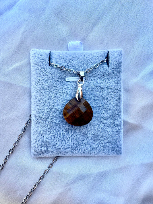 Ciondolo in occhio di tigre sfaccettato – Collana in cristallo marrone naturale in acciaio inossidabile | JD Minerals
