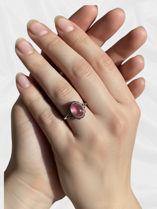 Strawberry Quartz Ring – Adjustable Silver-Plated Copper Ring with Natural Pink Crystal | JD Minerals