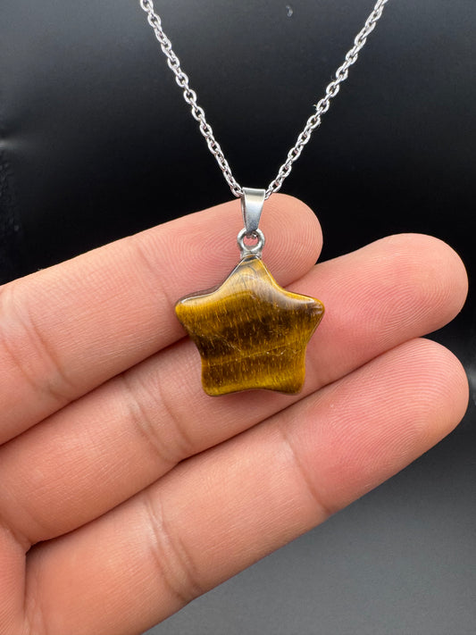 Tiger Eye Star Pendant – Natural Golden-Brown Stone Necklace in Stainless Steel | JD Minerals