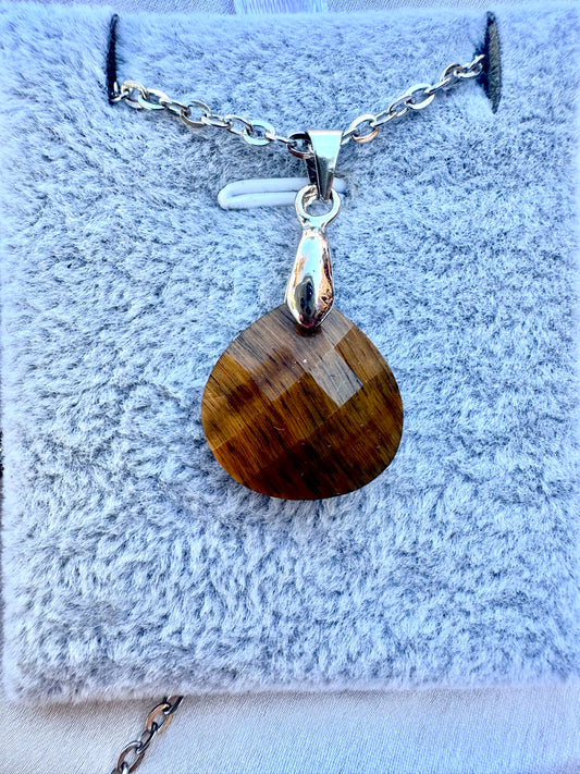 Ciondolo in occhio di tigre sfaccettato – Collana in cristallo marrone naturale in acciaio inossidabile | JD Minerals