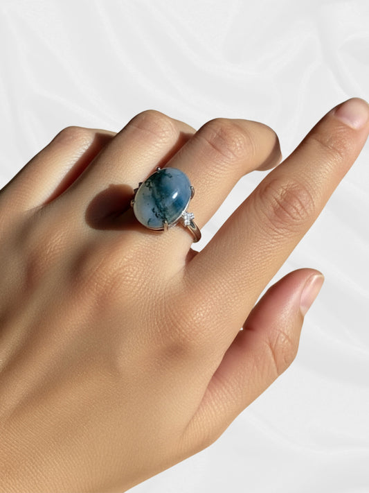 Moss Agate Ring – Adjustable Silver-Plated Copper Ring with Natural Green Stone | JD Minerals