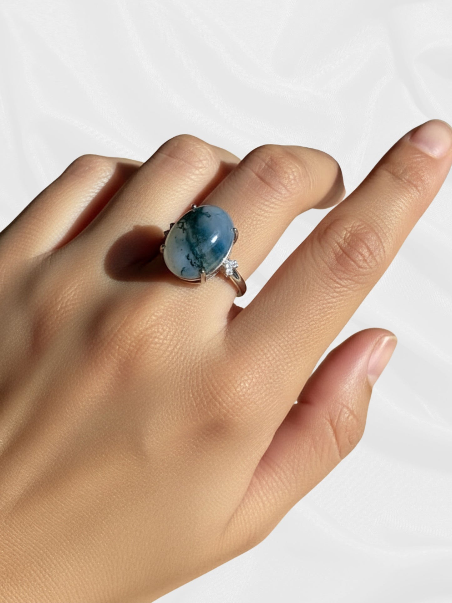 Moosachat-Ring – Verstellbarer, silberplattierter Kupferring mit natürlichem grünem Stein | JD Minerals